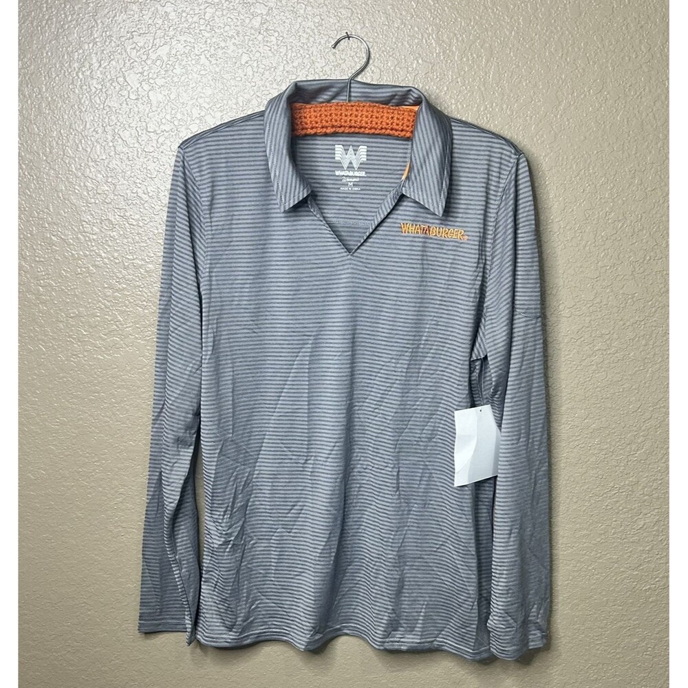Whataburger Employee Polo Shirt Womens Med Gray Stripe Longsleeve Top Collar